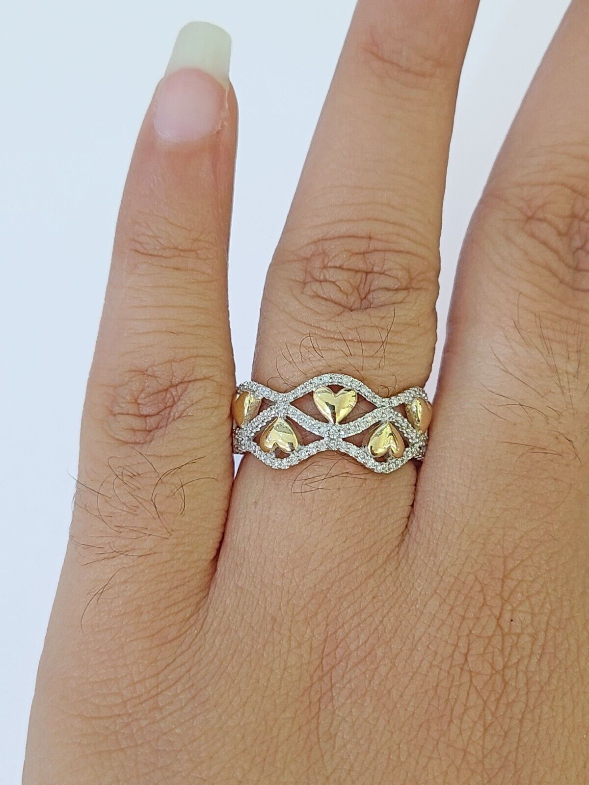 Real 10k Yellow Gold Diamond Ladies Ring 5 Hearts Women Engagement Wedding - GoldenlinQ